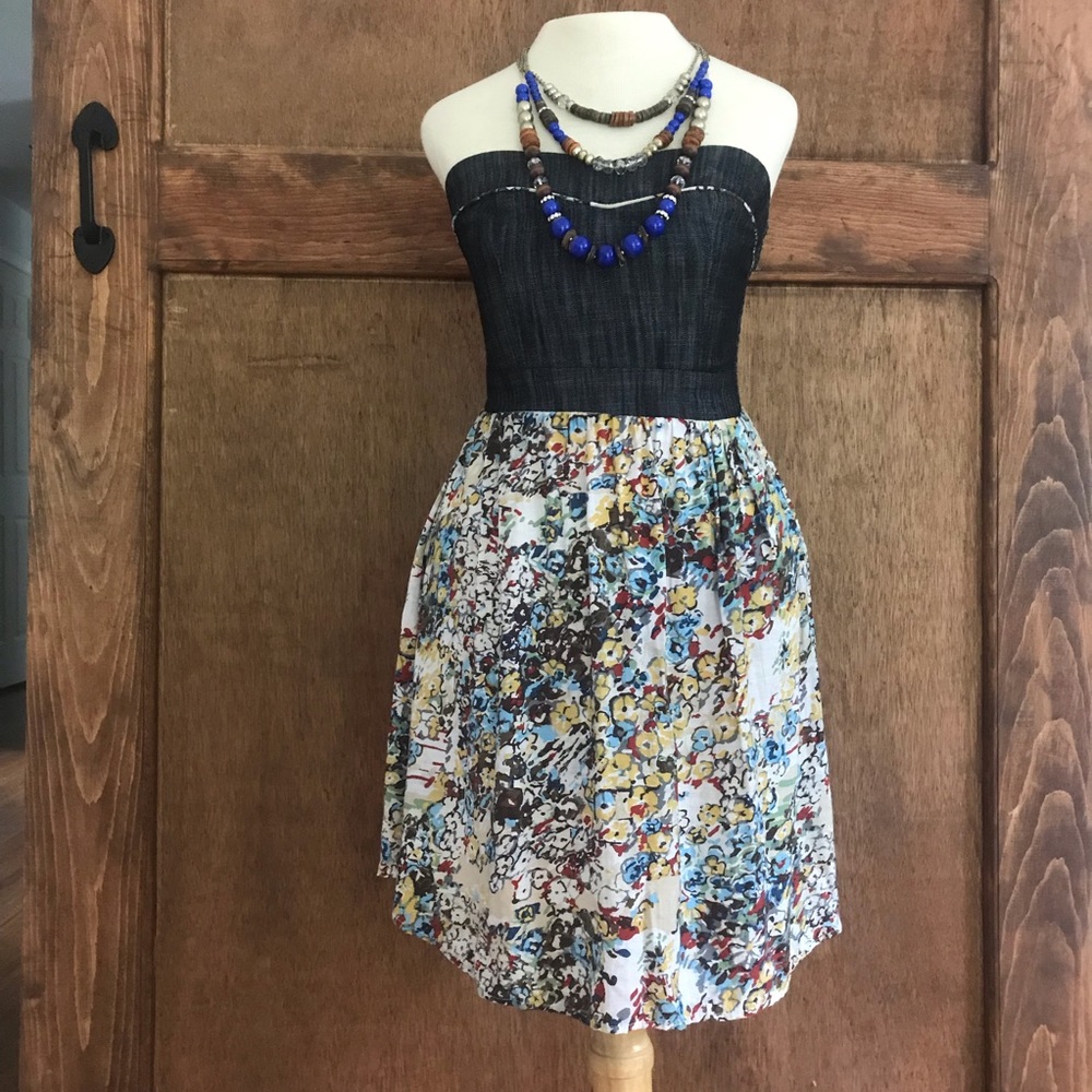Strapless denim and floral dress